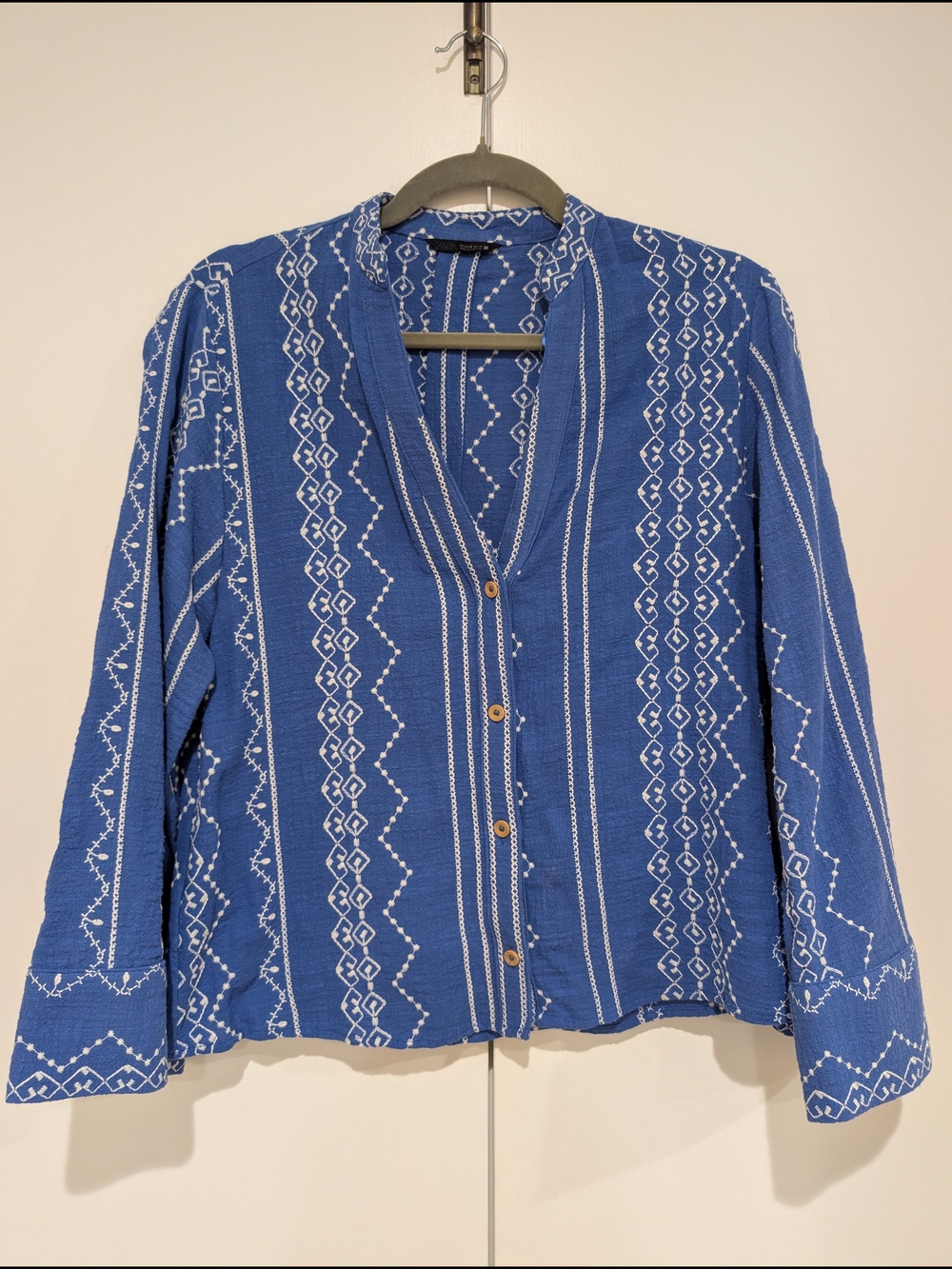 Blue Embroidered Button-Up Blouse
